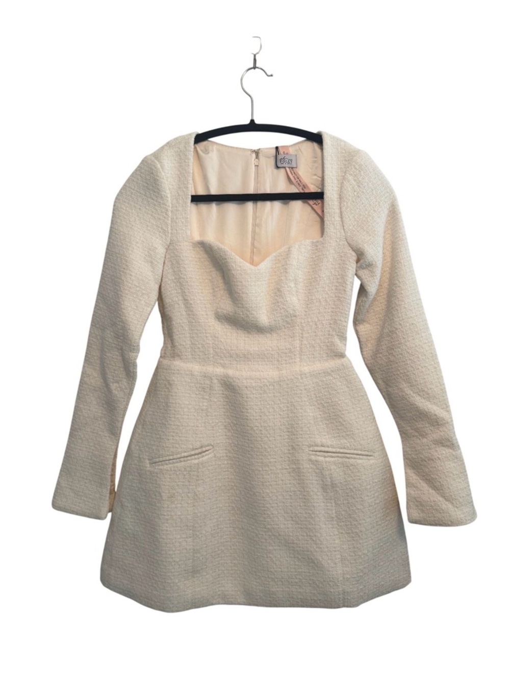 NEW Oh Polly Ivory Tacita Tweed Structured Sweetheart Long Sleeve Mini Dress 2 - Picture 2 of 8